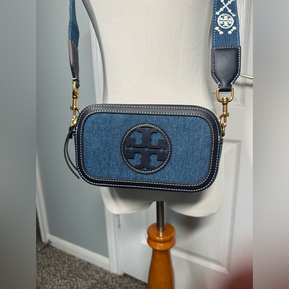 Tory Burch Blue Denim Crossbody Bag with Patterned Strap with garmet bag